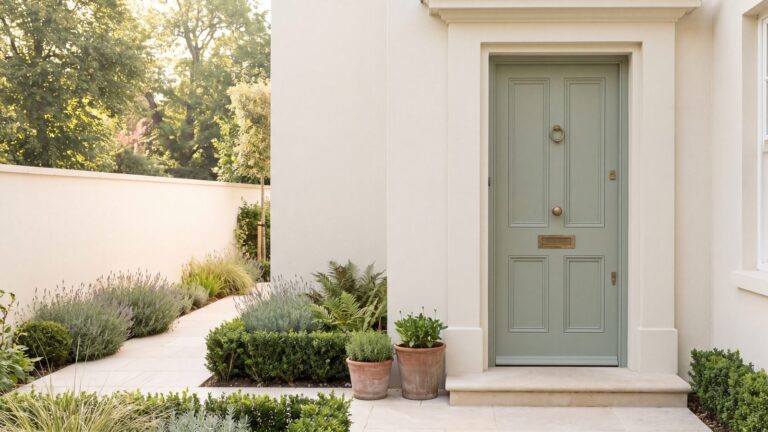A welcoming green front door with a planted path leading to the step