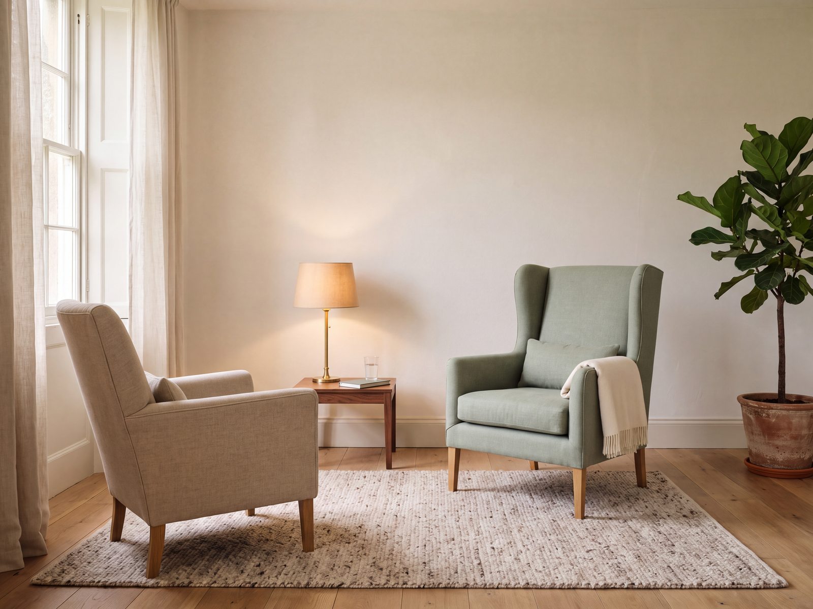 A hypnotherapy consulting room in Orpington: two upholstered armchairs facing each other across a wool rug, with a lamp-lit walnut side table between them and daylight from a sash window