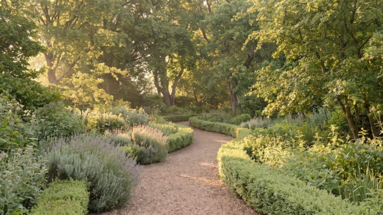 A quiet green garden path curving away through soft planting in morning light