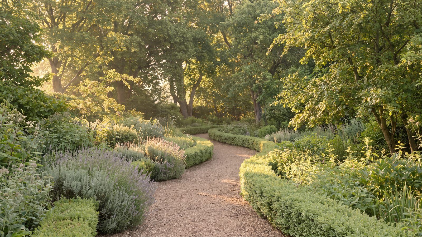 A quiet green garden path curving away through soft planting in morning light