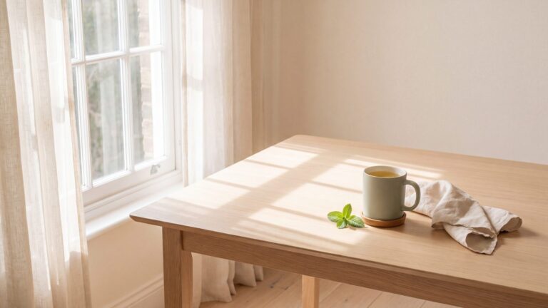 A mug of herbal tea on a sunlit wooden table beside a window