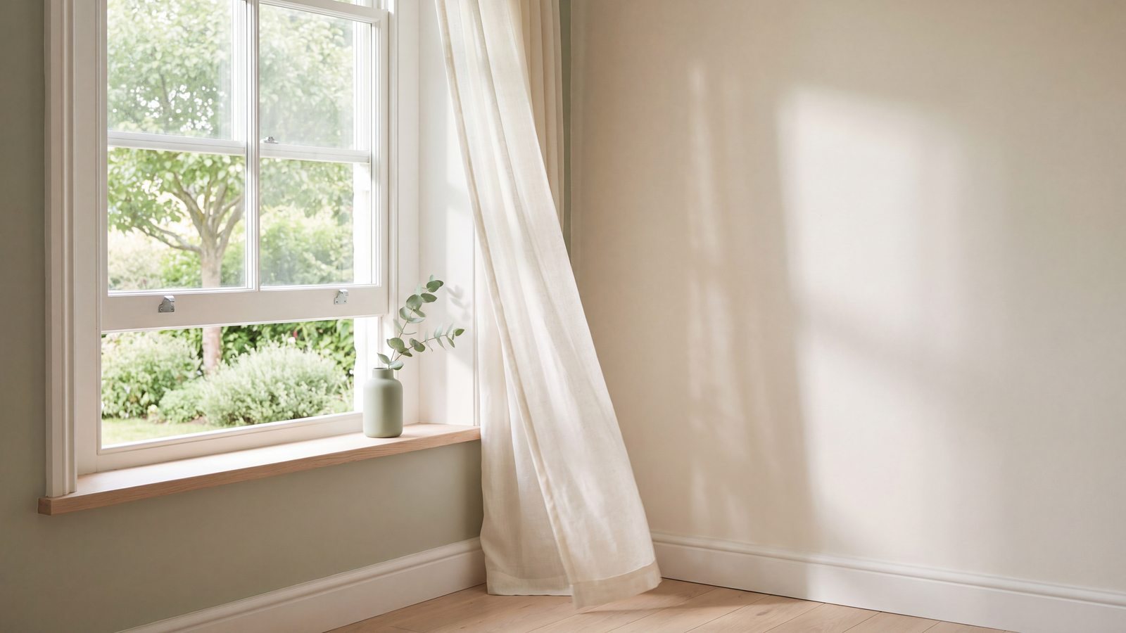 An open window letting fresh air and sunlight into a calm room
